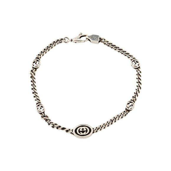 NEW GUCCI Sterling Silver Enamel Thin Interlocking G Bracelet Black - Picture 2 of 8